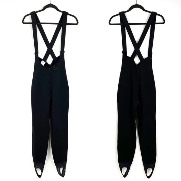 VTG 70 80s Ski Bib Overall Wool Blend Spandex Stirrup Jumpsuit Black Womens 6-8 - Picture 2 of 16